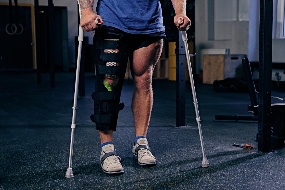 774891 - Ortopedia Neoforma - Sonajero.es Person wearing a knee brace on the left leg and using forearm crutches in a gym setting