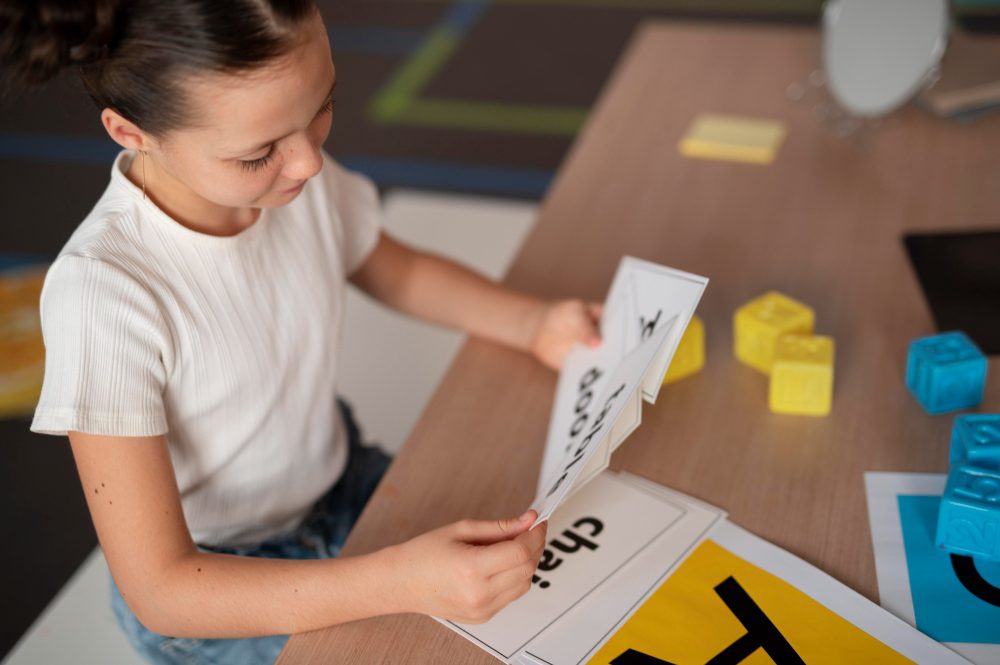 Young girl in a white shirt sits at a desk, flipping through large alphabet flashcards in a classroom setting.