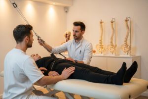 Therapists perform spinal traction on a patient lying on an exam table in a clinic room with spine models in the background.