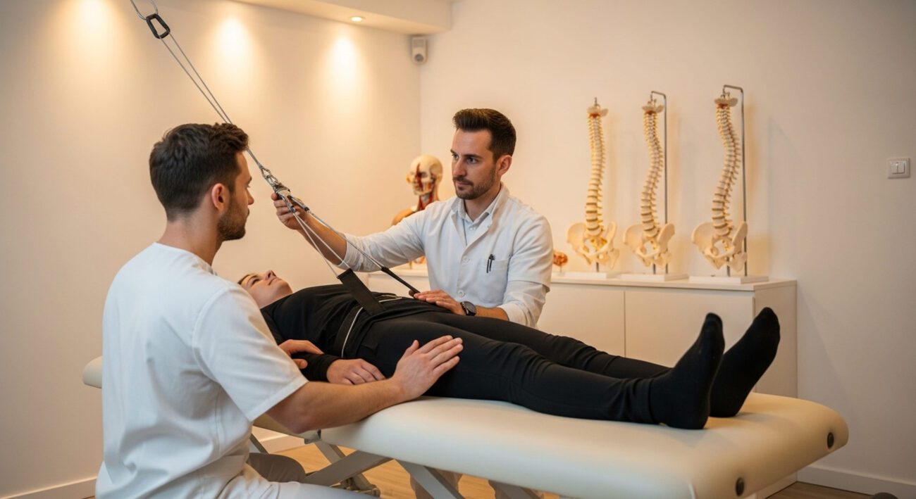 Healthcare Services Concept with Professional Medical Care and Patient Support - Sonajero.es Therapists perform spinal traction on a patient lying on an exam table in a clinic room with spine models in the background.