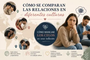 Infographic sobre relaciones interculturales; muestra parejas, un mapa del mundo y consejos para manejar los celos en una relación.