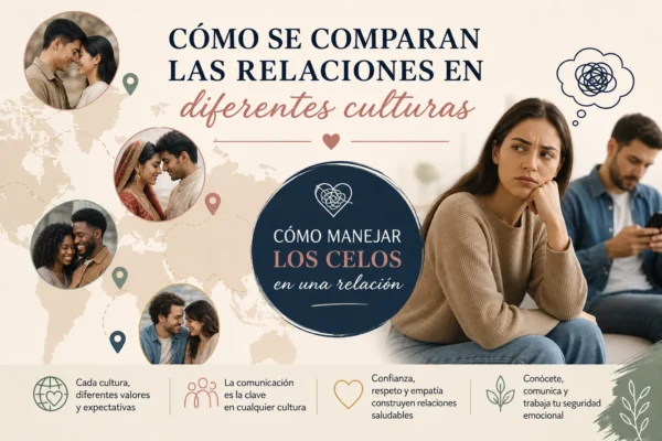 Infographic sobre relaciones interculturales; muestra parejas, un mapa del mundo y consejos para manejar los celos en una relación.