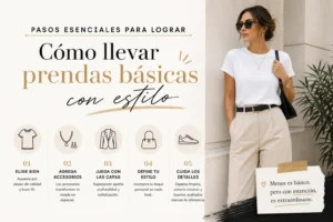 pasos-esenciales-para-lograr-Como-llevar-prendas-basicas-con-estilo - Sonajero.es Infografía de cinco pasos para llevar prendas básicas con estilo; a la derecha, una mujer con camiseta blanca y pantalón beige.