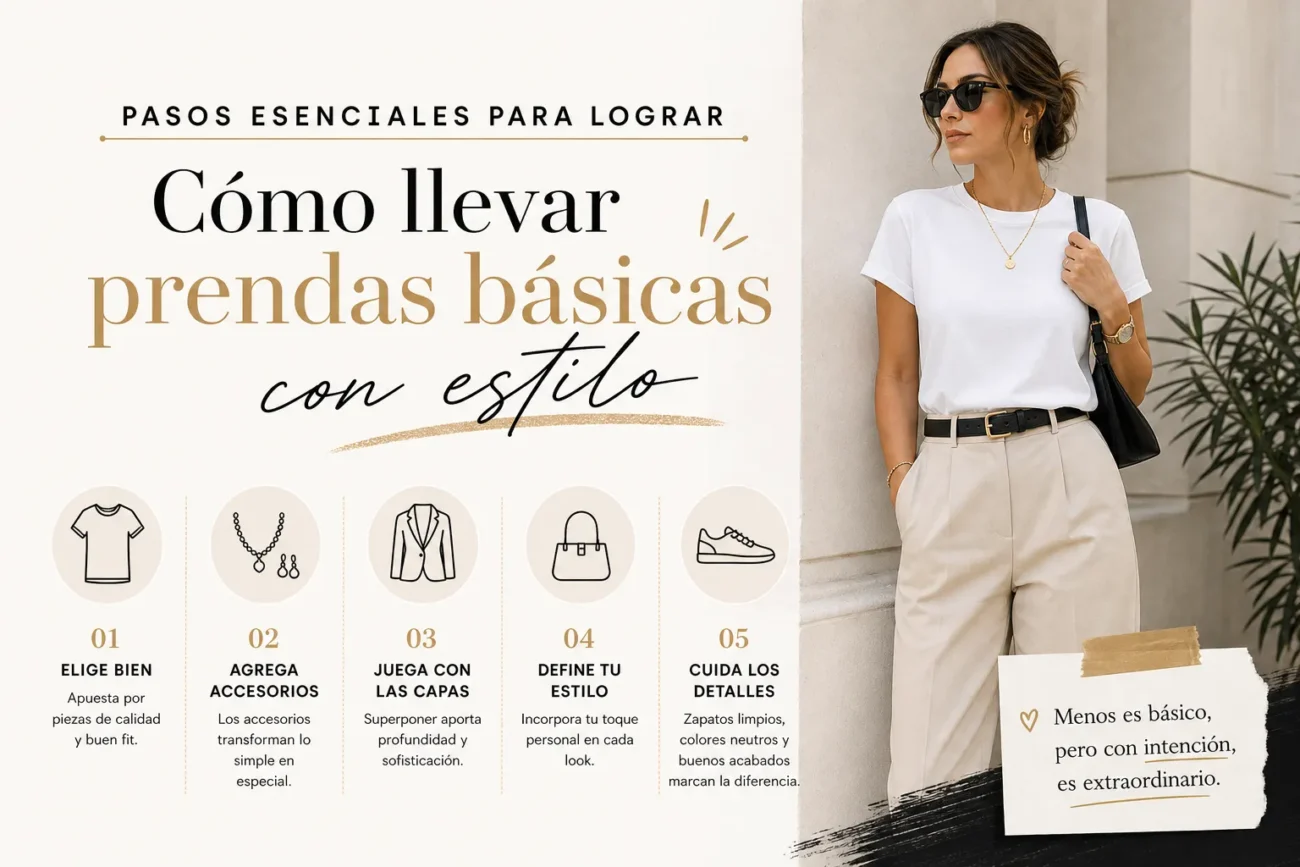 pasos-esenciales-para-lograr-Como-llevar-prendas-basicas-con-estilo - Sonajero.es Infografía de cinco pasos para llevar prendas básicas con estilo; a la derecha, una mujer con camiseta blanca y pantalón beige.